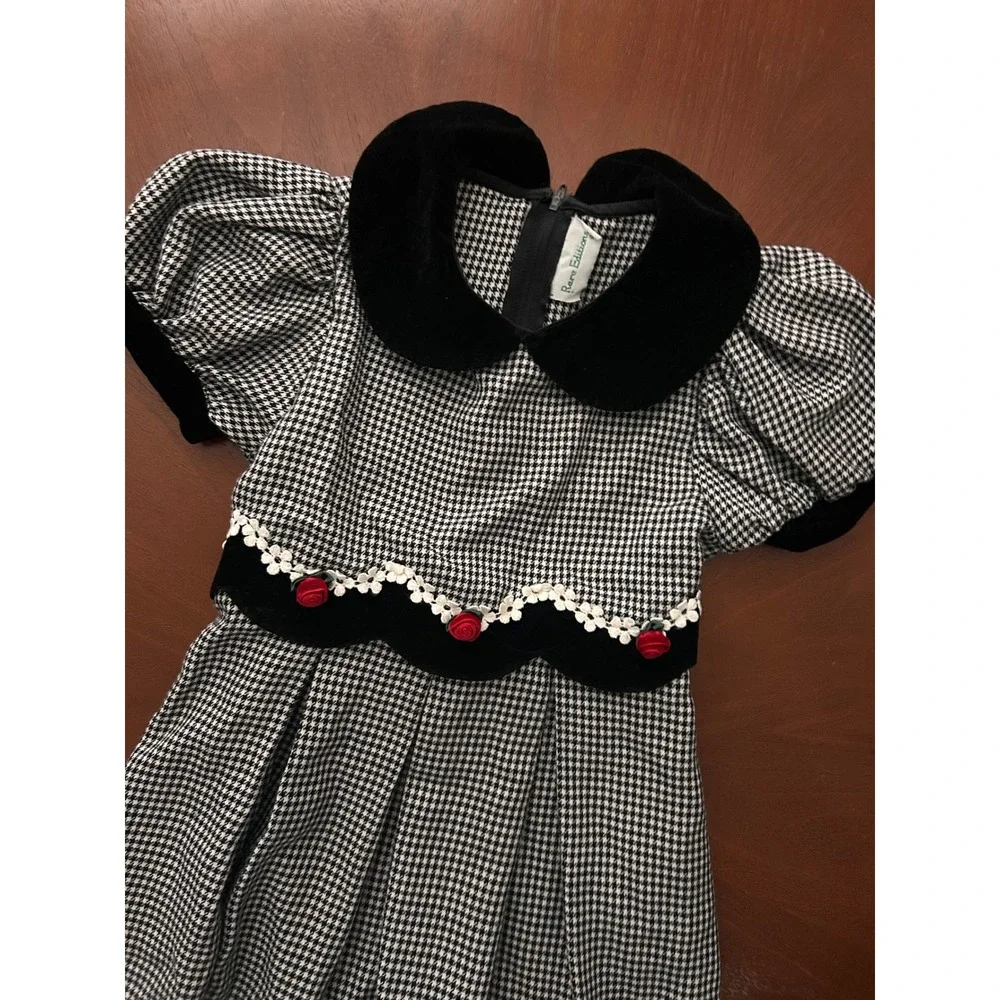 Rare Editions Girls Houndstooth Dress Black White Velvet Trim Red Roses Size 6X